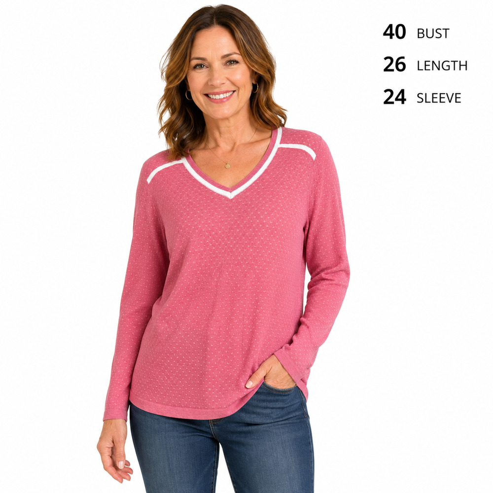 Christopher & Banks Pink White V-Neck Long Sleeve Pullover Sweater NWT sz M